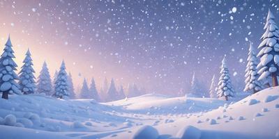 The primary subject of the image is a snowy landscape with a field of snow and a few trees. The setting is a winter night with a dark sky, and the visual style is a digital art or illustration. The colors and mood of the image are predominantly white and cold, creating a serene and peaceful atmosphere.